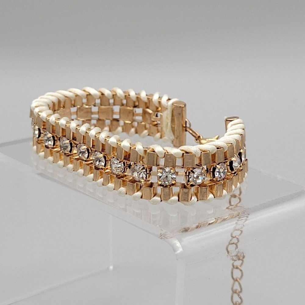 Handmade Triple Row Gold Tone Fashion Bracelet w/ Crystal Lobster Clasp 6 1/2"